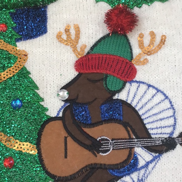 Merry & Bright Fuzzy Embroidered Santa Rudolph Camp Funny Ugly Christmas Sweater - Picture 4 of 13